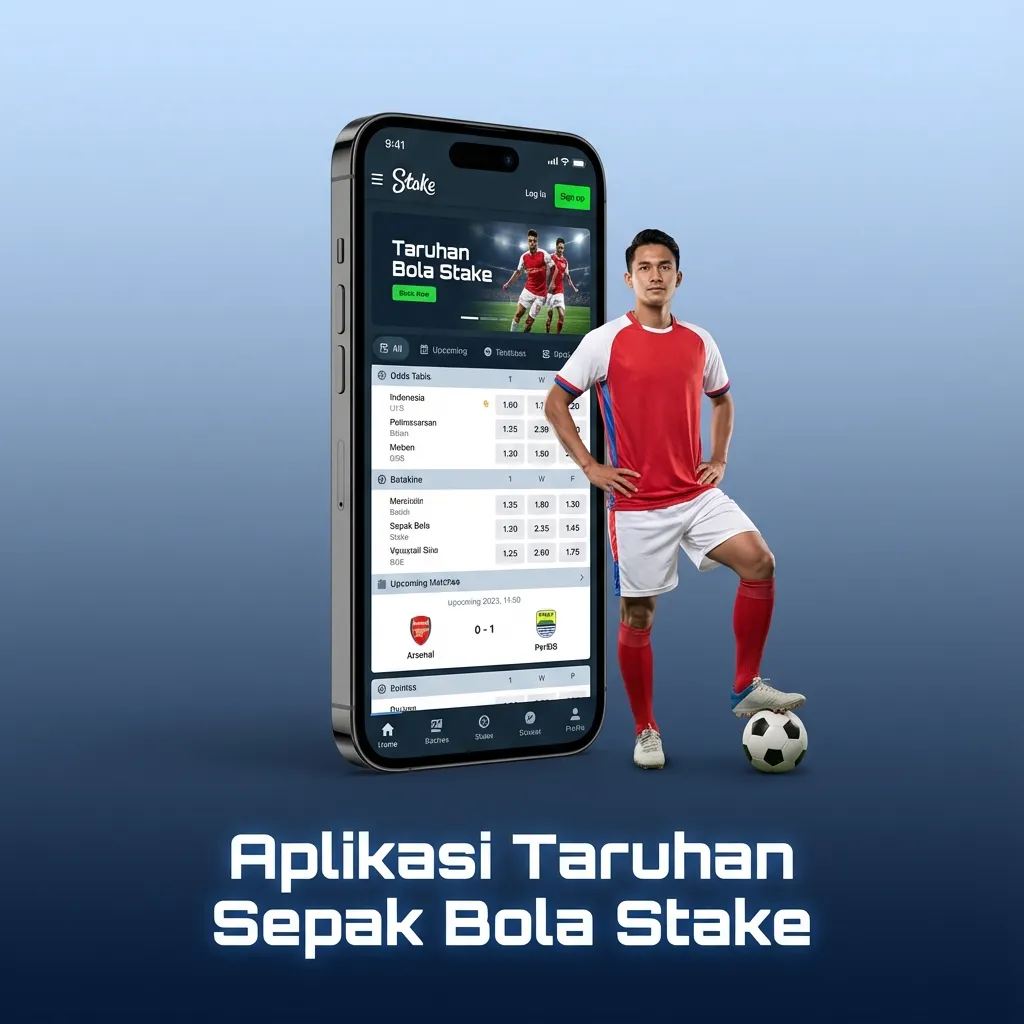 Tangkapan layar aplikasi Stake: taruhan sepak bola di Android/iOS, antarmuka ringan, pasar lengkap, notifikasi skor, cash out