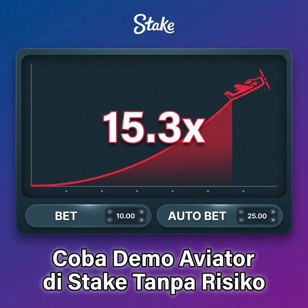 Tampilan demo Aviator di Stake: latihan tanpa risiko dengan saldo virtual, fitur Auto Bet dan Auto Cash Out.