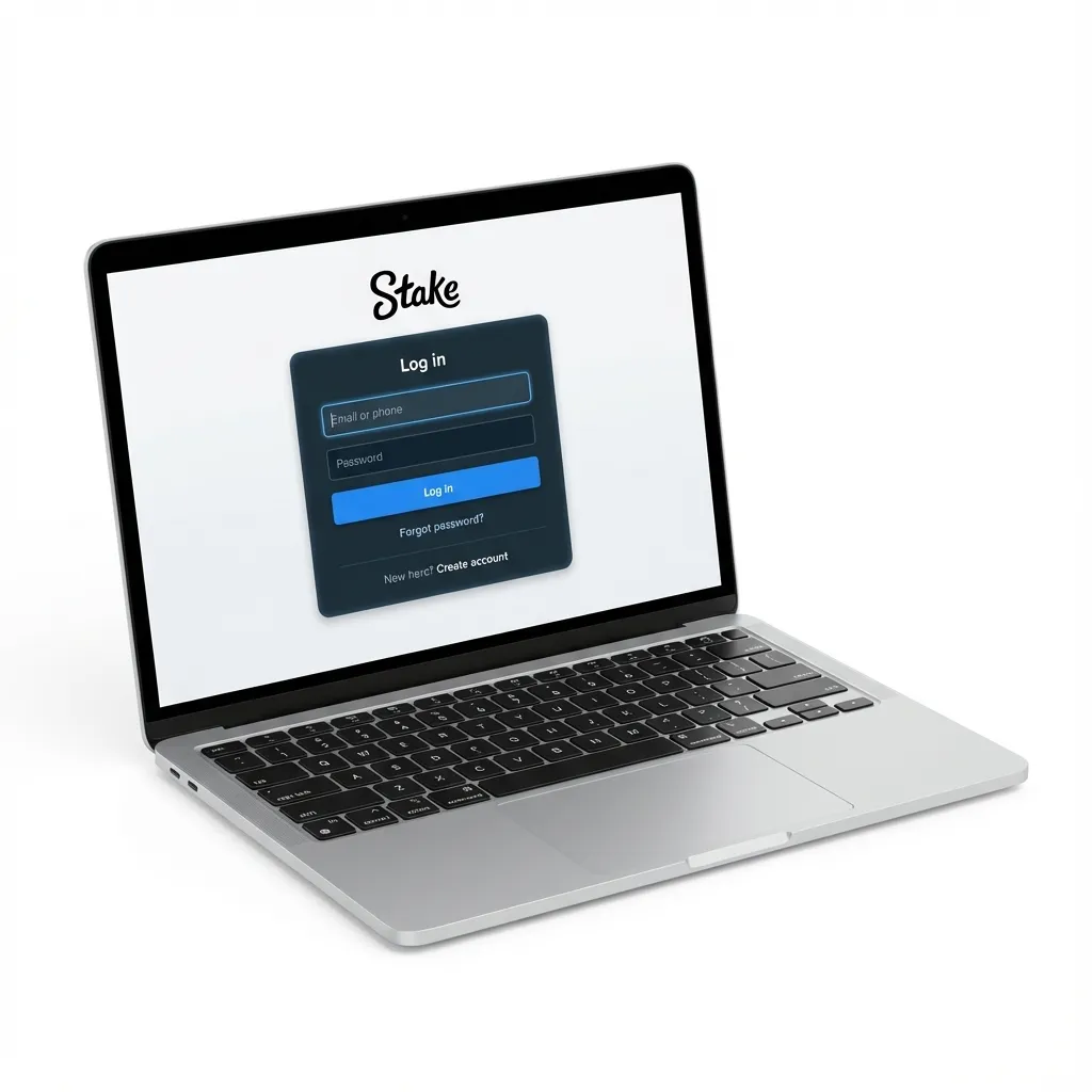 Layar login Stake Indonesia, masuk lewat web atau aplikasi dengan email/nama pengguna, dilengkapi verifikasi dua langkah.