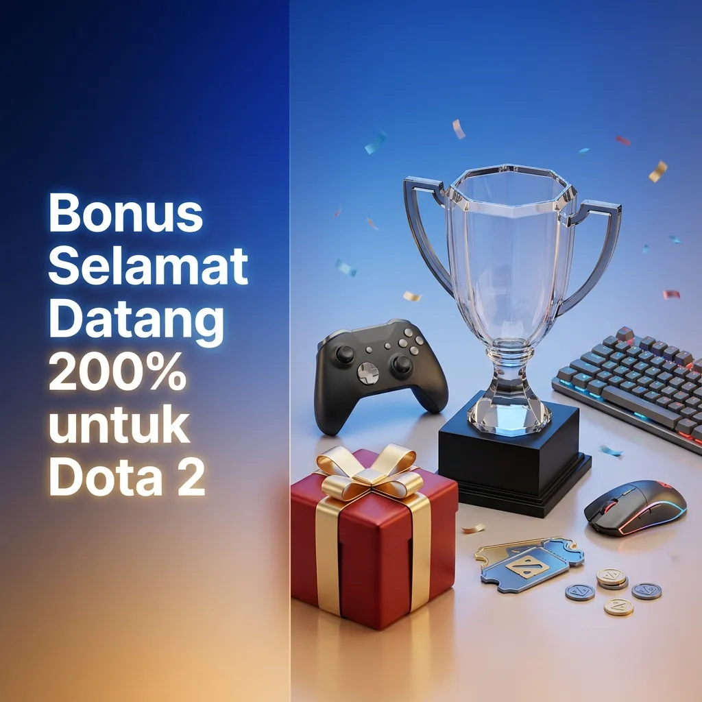 Spanduk promo Dota 2: Bonus Selamat Datang 200% untuk pemain baru; daftar, deposit, kode promo, syarat berlaku.