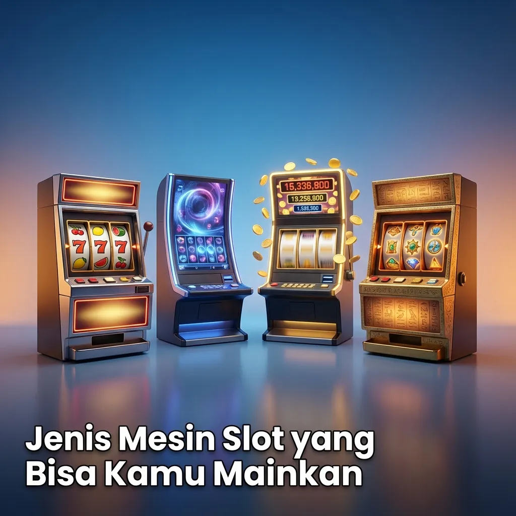 Infografik jenis mesin slot: klasik 3 gulungan, video 5 gulungan, Megaways, Cluster Pays, Feature Buy, Tumble/Cascade.