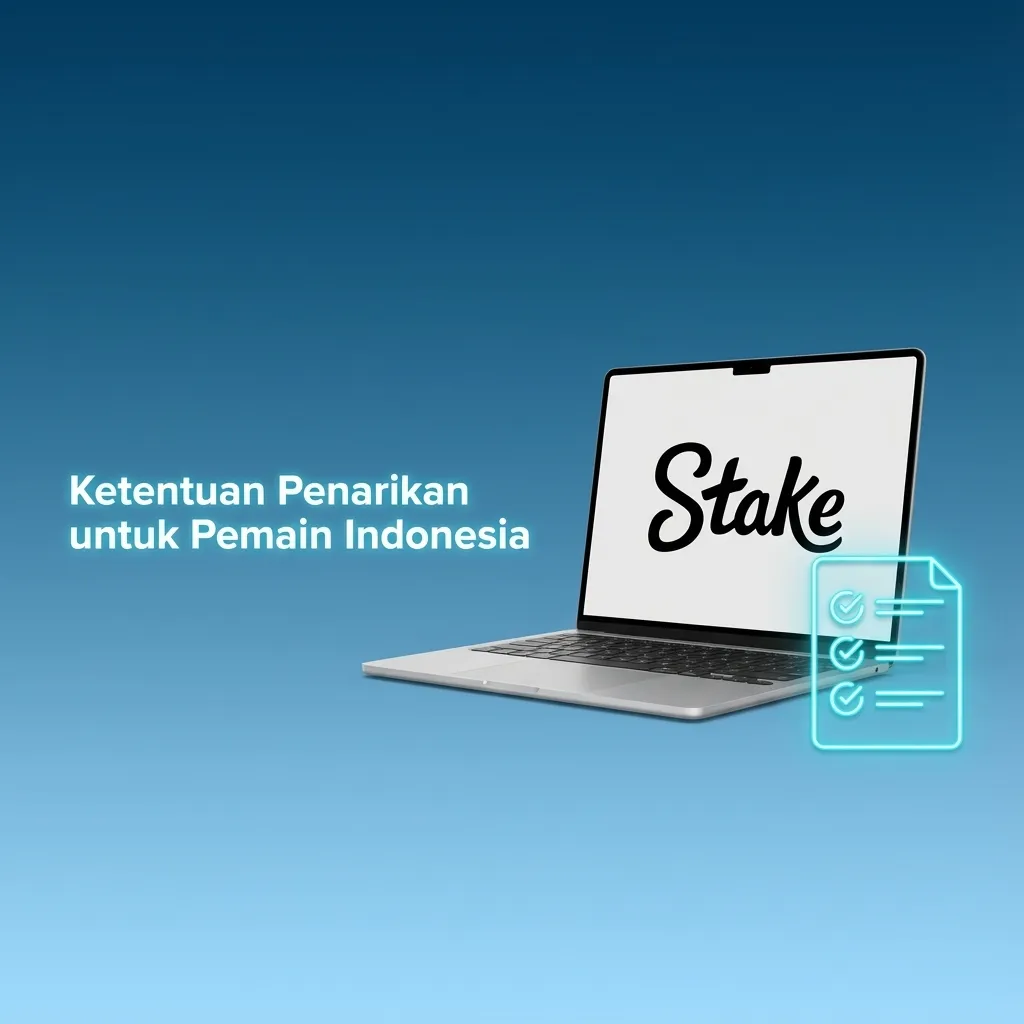 Infografik ketentuan penarikan Stake untuk pemain Indonesia: KYC, metode sama, batas, syarat bonus, dan keamanan 2FA/AML.