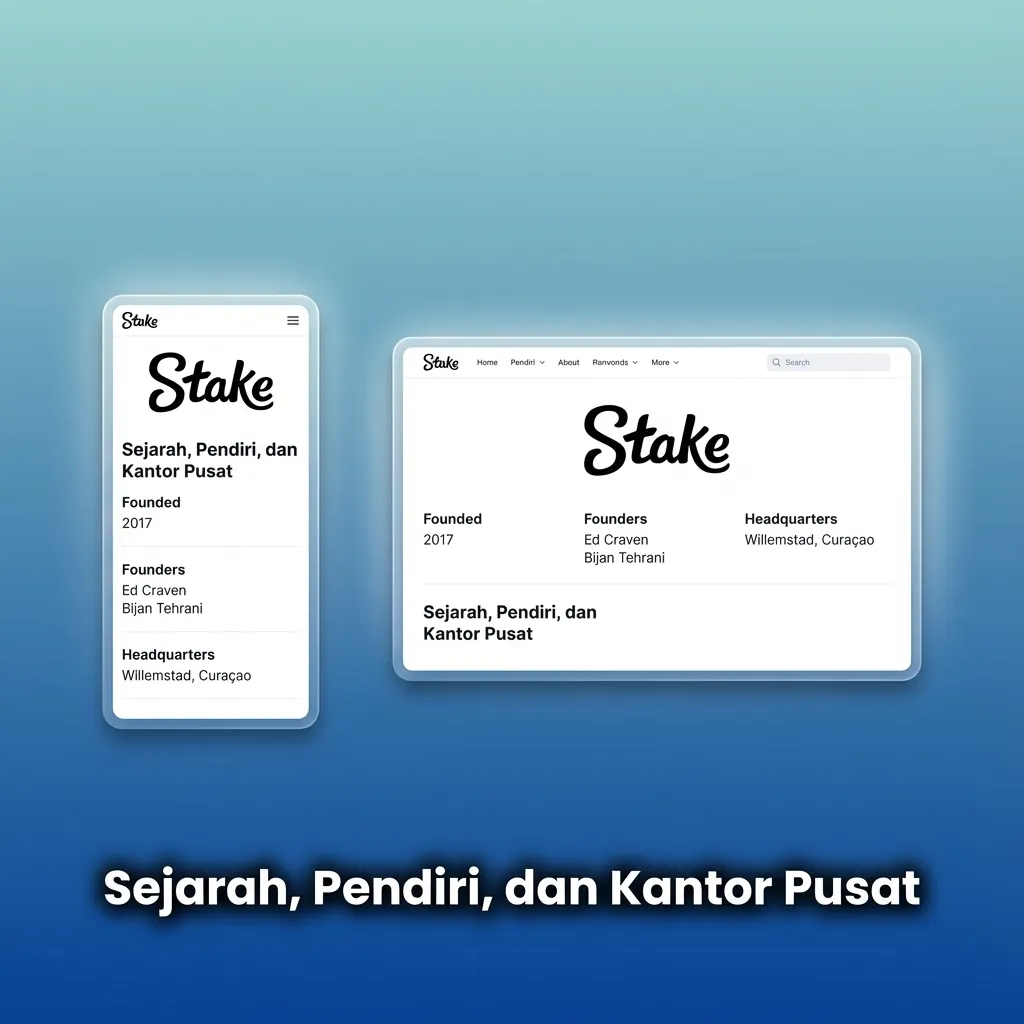 Infografik sejarah Stake: berdiri 2017; pendiri Edward Craven & Bijan Tehrani; kantor pusat Curaçao; operasi global.