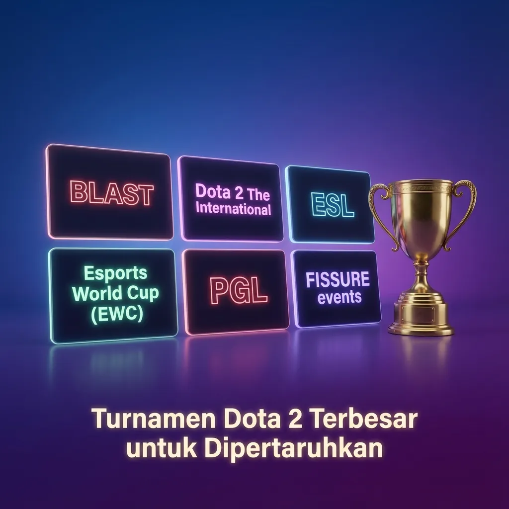 Kolase logo turnamen Dota 2 besar (TI, BLAST, ESL, EWC, PGL, FISSURE) dengan tema taruhan dan jadwal ramah WIB.