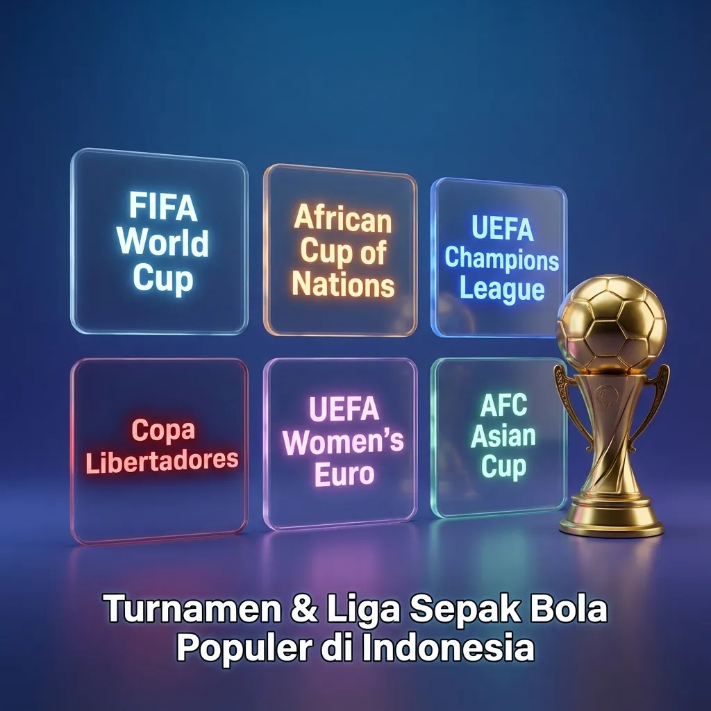 Ikon liga dan turnamen sepak bola populer di Indonesia, dengan opsi taruhan 1X2, total gol, handicap, kartu, dan sudut.