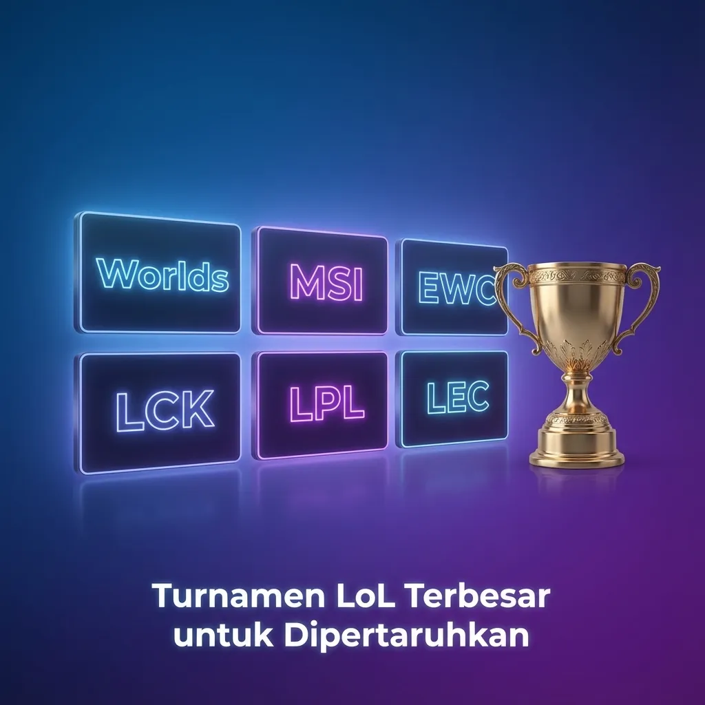Infografik turnamen LoL terbesar: Worlds, MSI, EWC, LCK, LPL, LEC; tim seperti T1, JDG, BLG, Gen.G, G2
