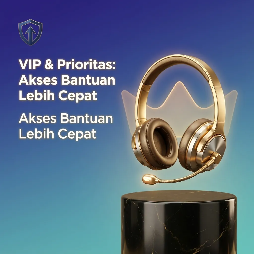 Ilustrasi dukungan VIP: lencana emas VIP, headset, dan ikon kilat menandai akses bantuan prioritas yang lebih cepat.