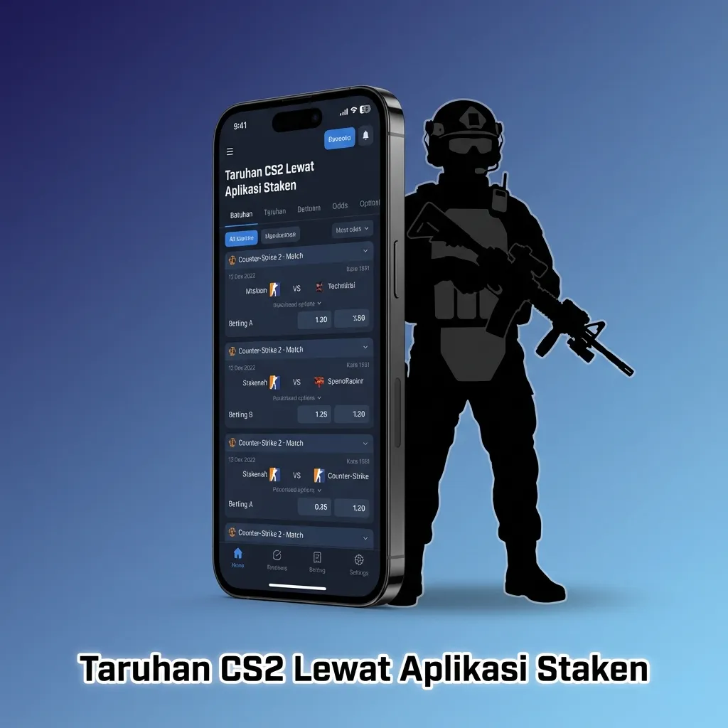 UI aplikasi Stake: menu Esports CS2, daftar pertandingan, slip taruhan, dan tombol Konfirmasi di ponsel.