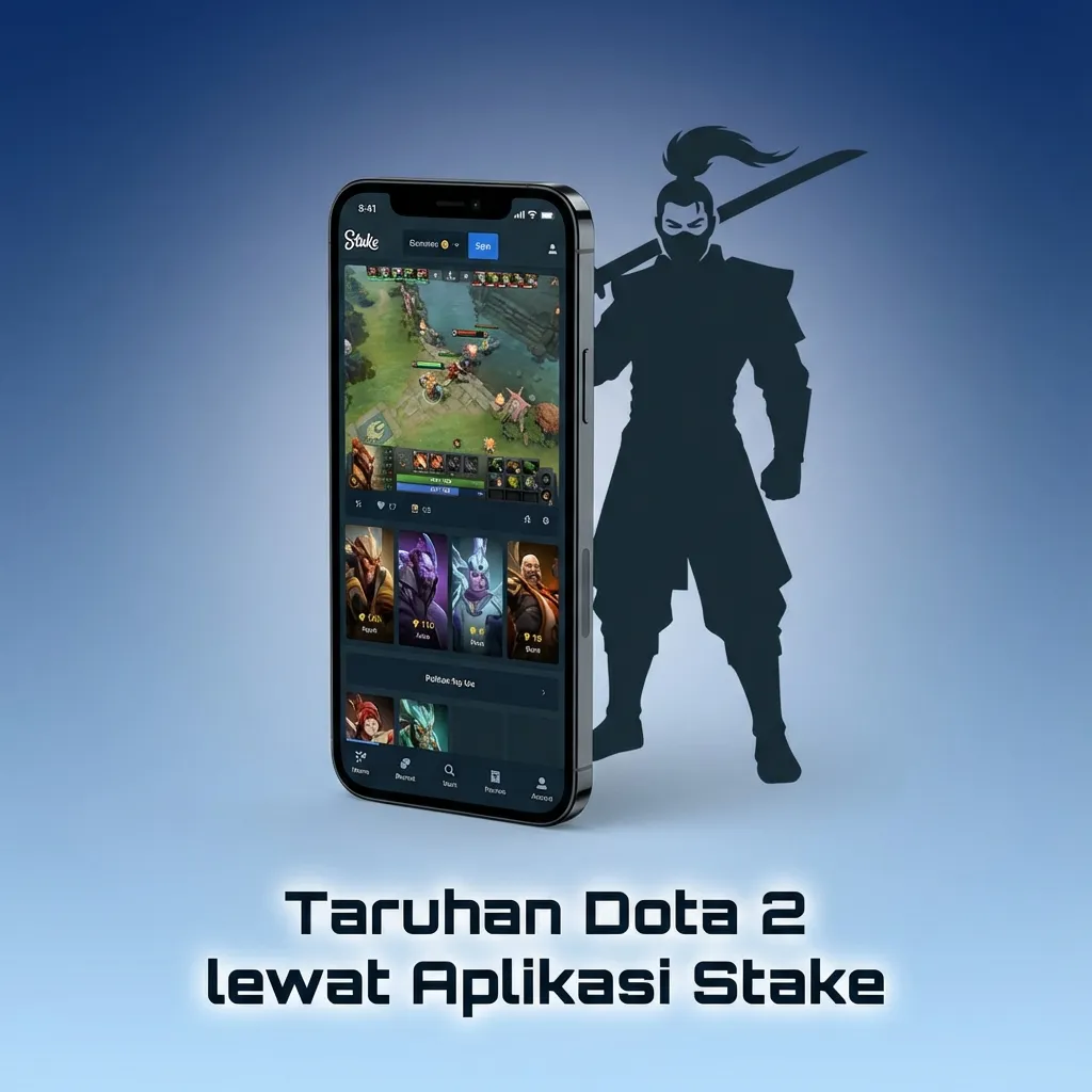 Smartphone menampilkan aplikasi Stake: menu Esports > Dota 2, pilihan pasar, odds live, dan konfirmasi slip taruhan.