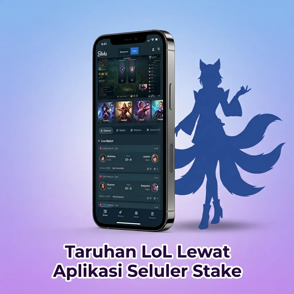 Tampilan aplikasi Stake di ponsel menampilkan pasar taruhan League of Legends dengan odds dan betslip real-time
