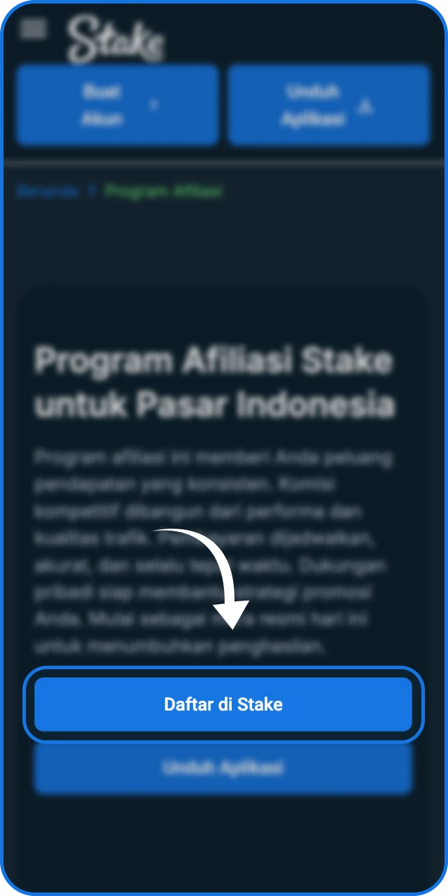 Mulai proses pendaftaran Program Afiliasi Stake dengan menekan tombol bergabung di situs ini.