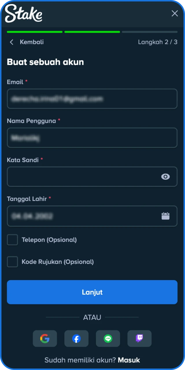 Isi formulir pendaftaran Anggota Program Afiliasi Stake dengan data yang valid dan lengkap.