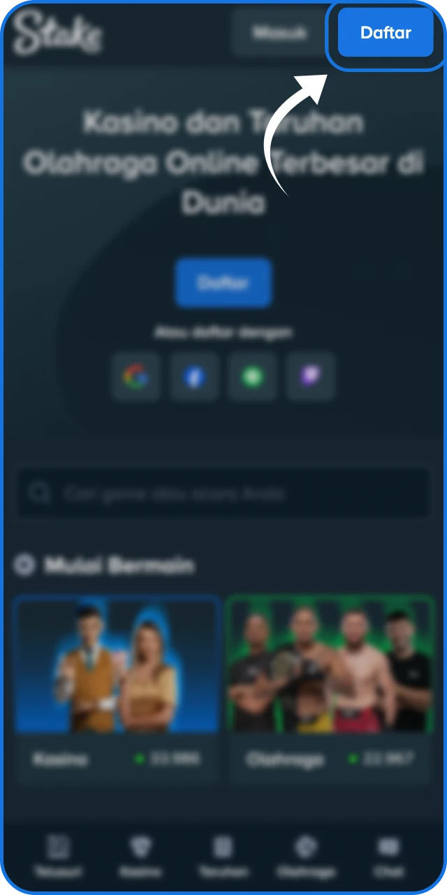 Ketuk daftar dan pilih metode sosial atau email pada Stake App.