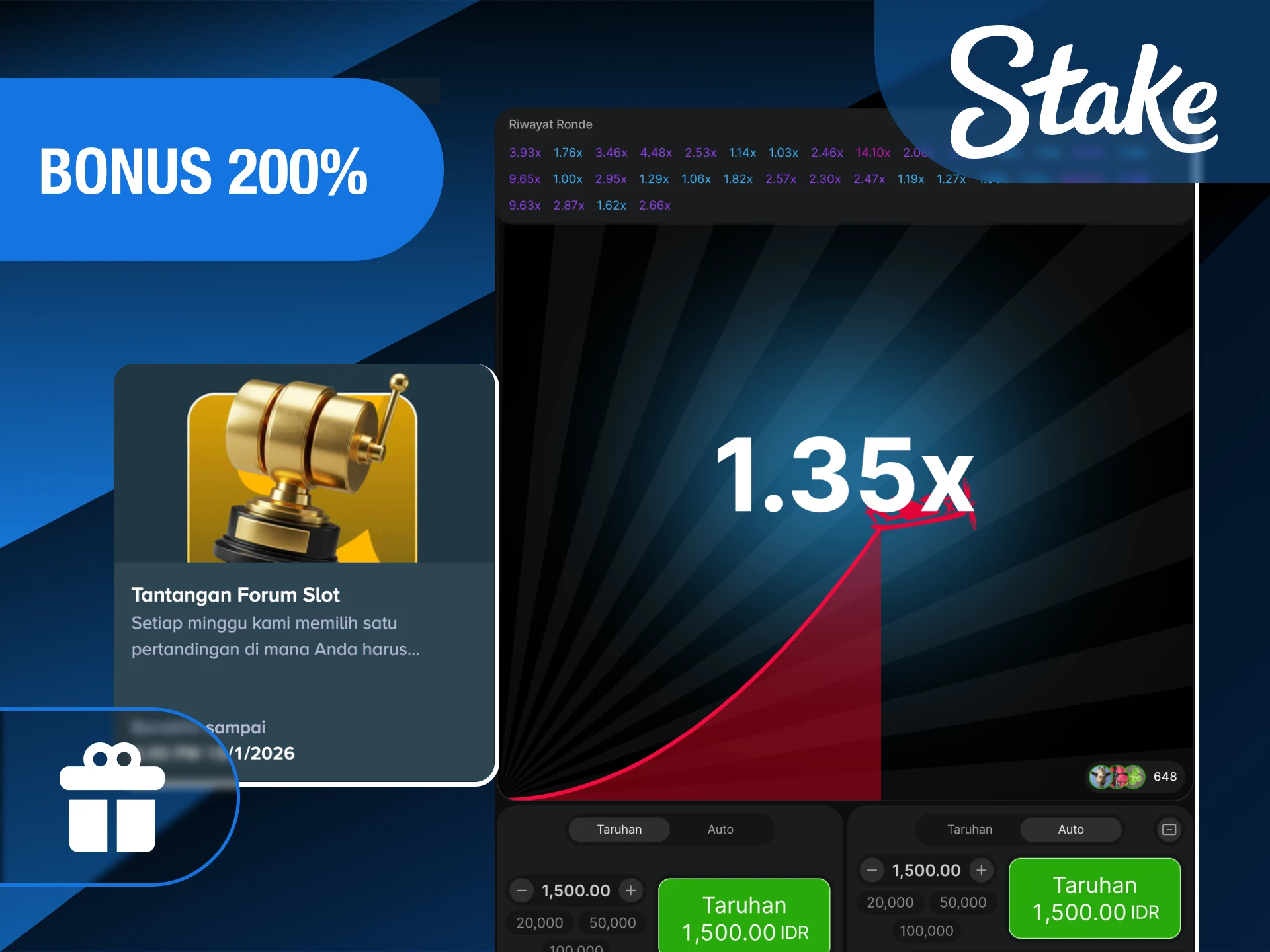 Klaim bonus sambutan 200% untuk pengalaman bermain Aviator lebih maksimal di Stake Indonesia.