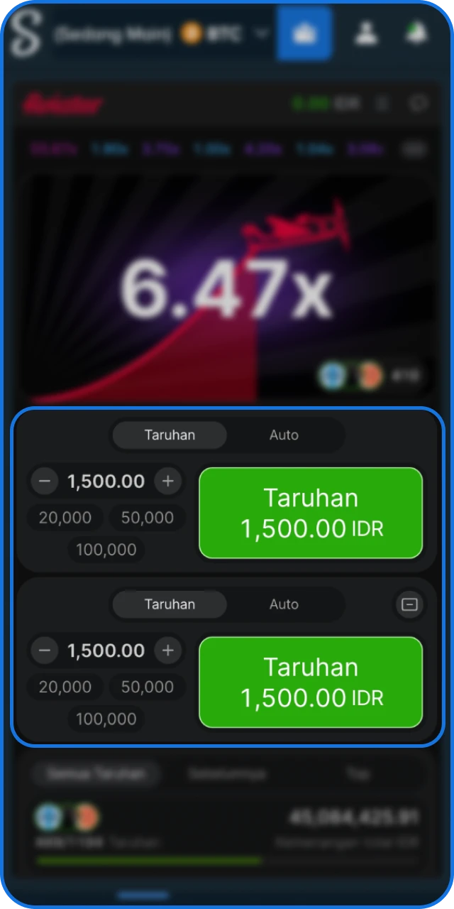 Atur nilai taruhan, aktifkan fitur Auto Cash Out bila perlu, dan mulai ronde di Stake Indonesia.