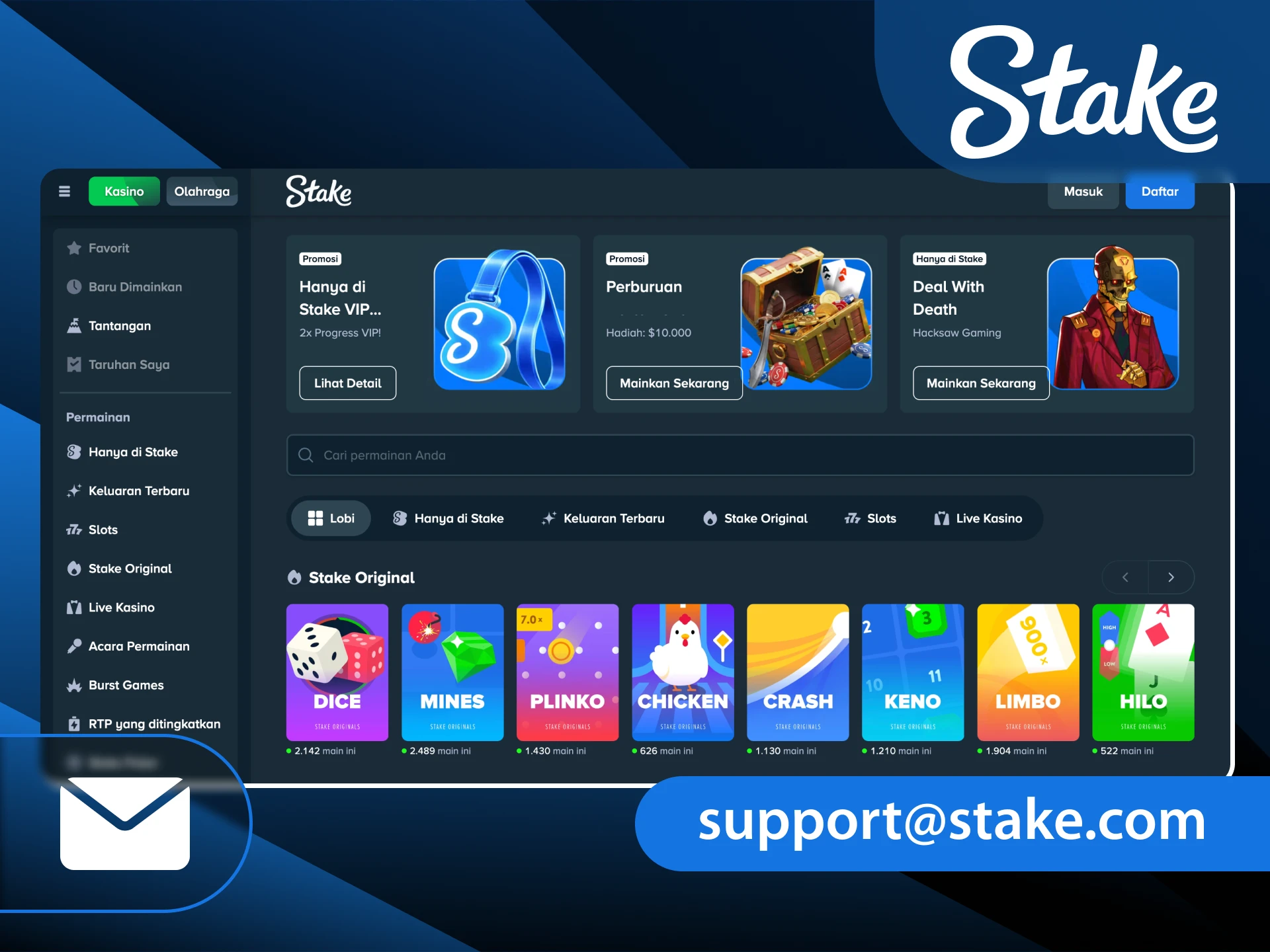 Kirimkan email dukungan untuk tindak lanjut masalah teknis atau pengiriman dokumen verifikasi ke Stake Indonesia.