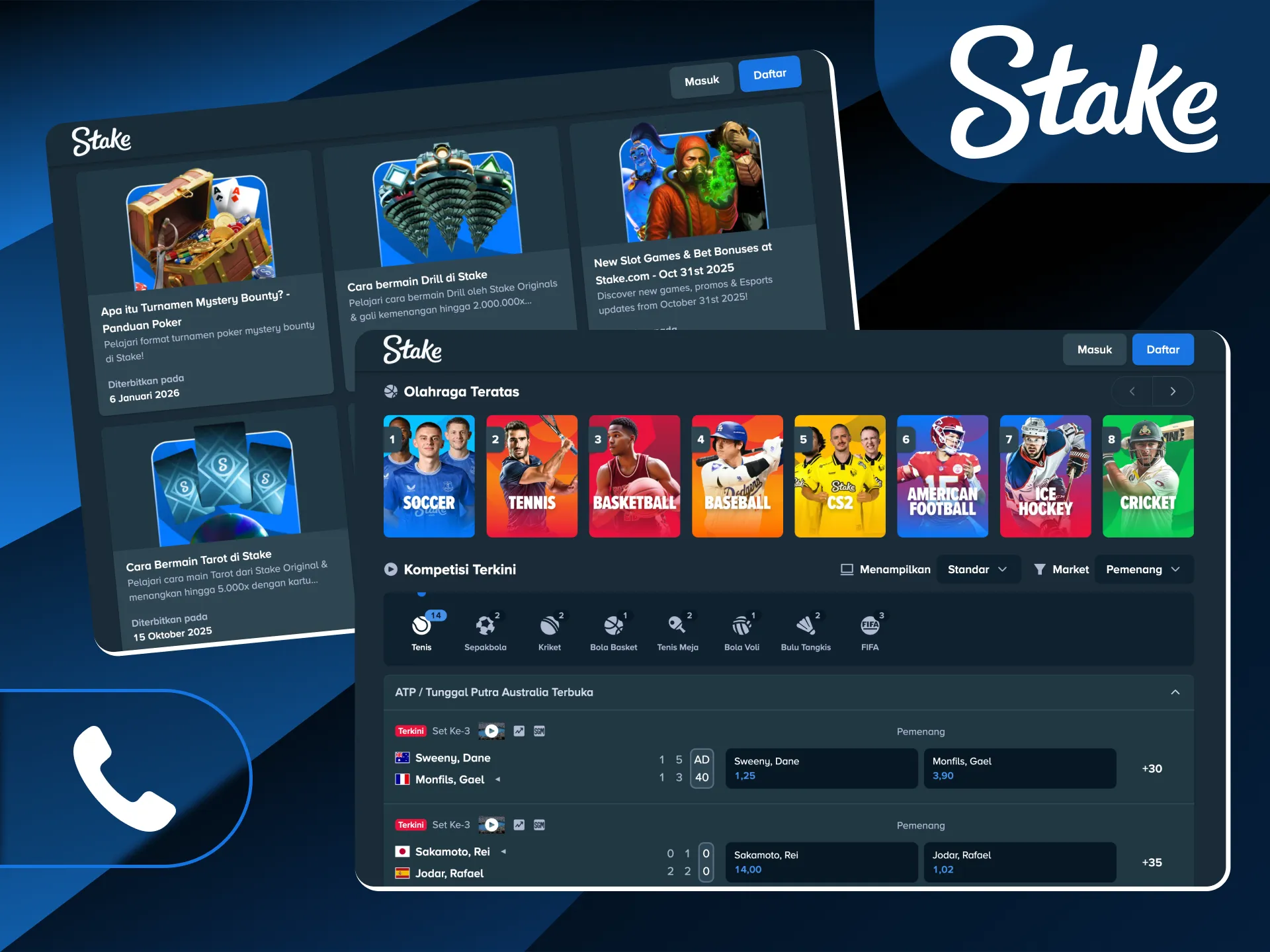 Akses layanan dukungan telepon dan nomor pusat bantuan untuk komunikasi suara yang lebih personal di Stake Indonesia.