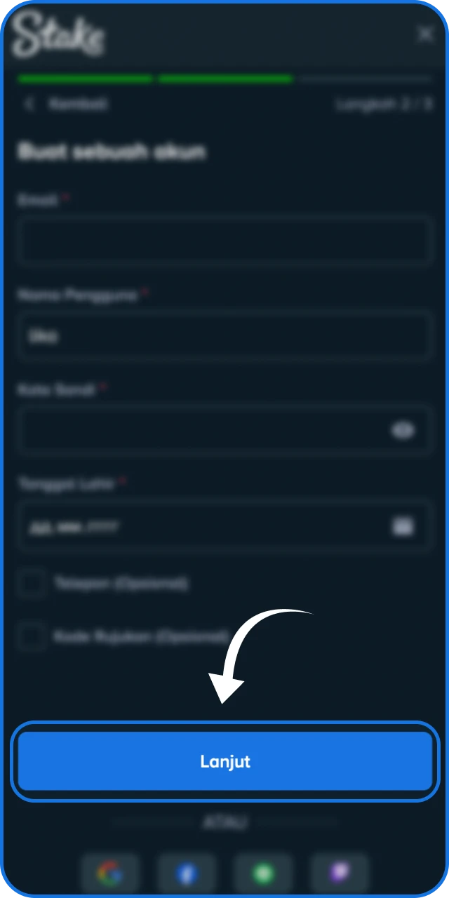 Klik tombol daftar di situs resmi untuk mulai membuat akun taruhan Anda di Stake Indonesia.