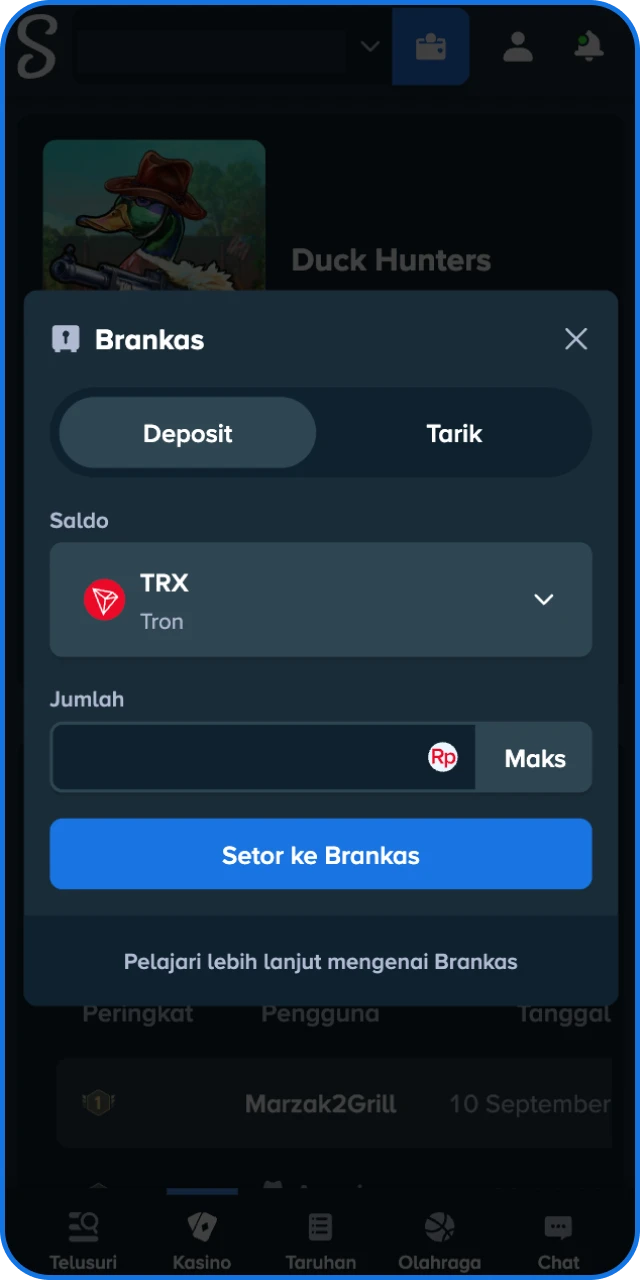 Setor dana, pilih mata uang yang nyaman, dan cek batas minimum transaksi Anda di platform Stake Indonesia.