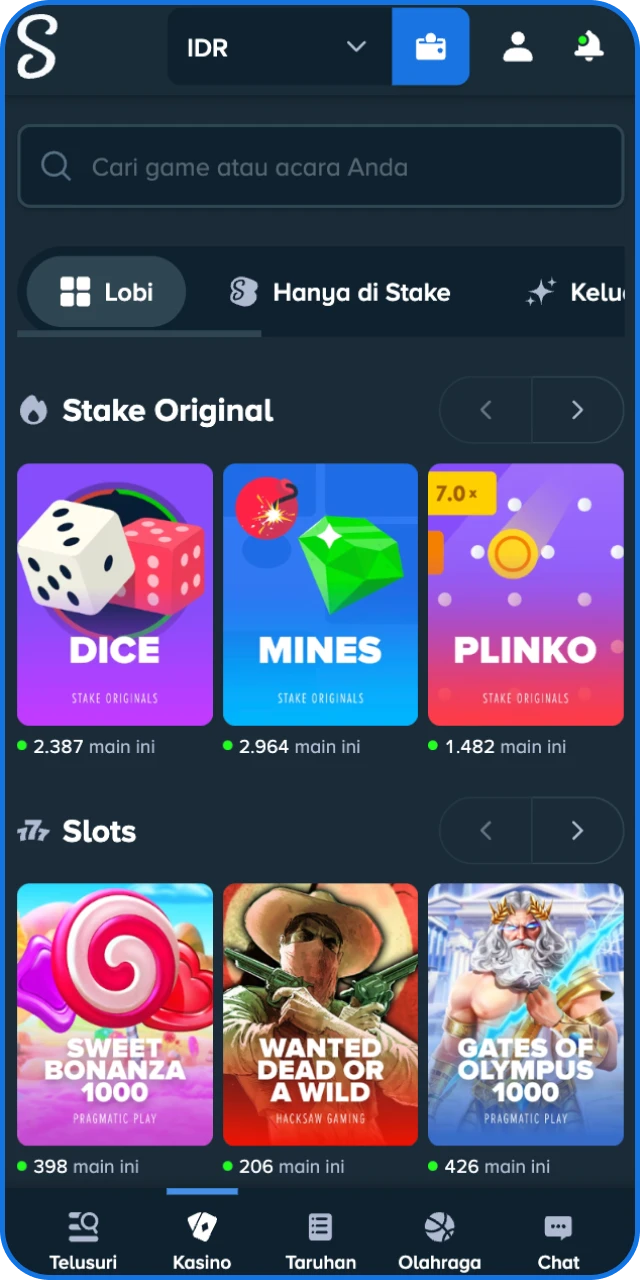 Buka lobi kasino, pilih game favorit seperti slot atau live casino, dan pelajari aturannya di Stake Indonesia.