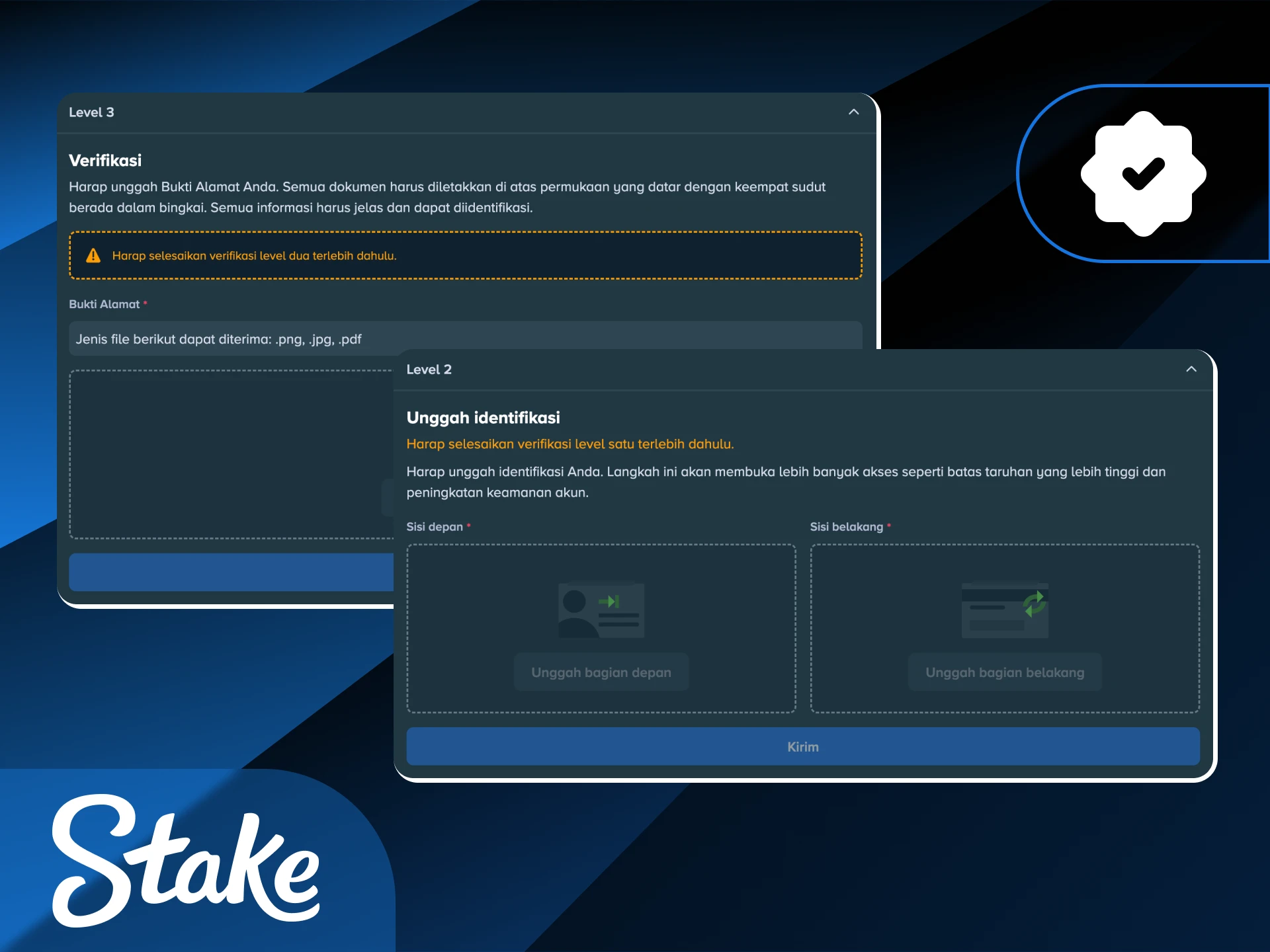 Lakukan verifikasi akun (KYC) demi mengamankan akses dan kelancaran penarikan di Stake Indonesia.