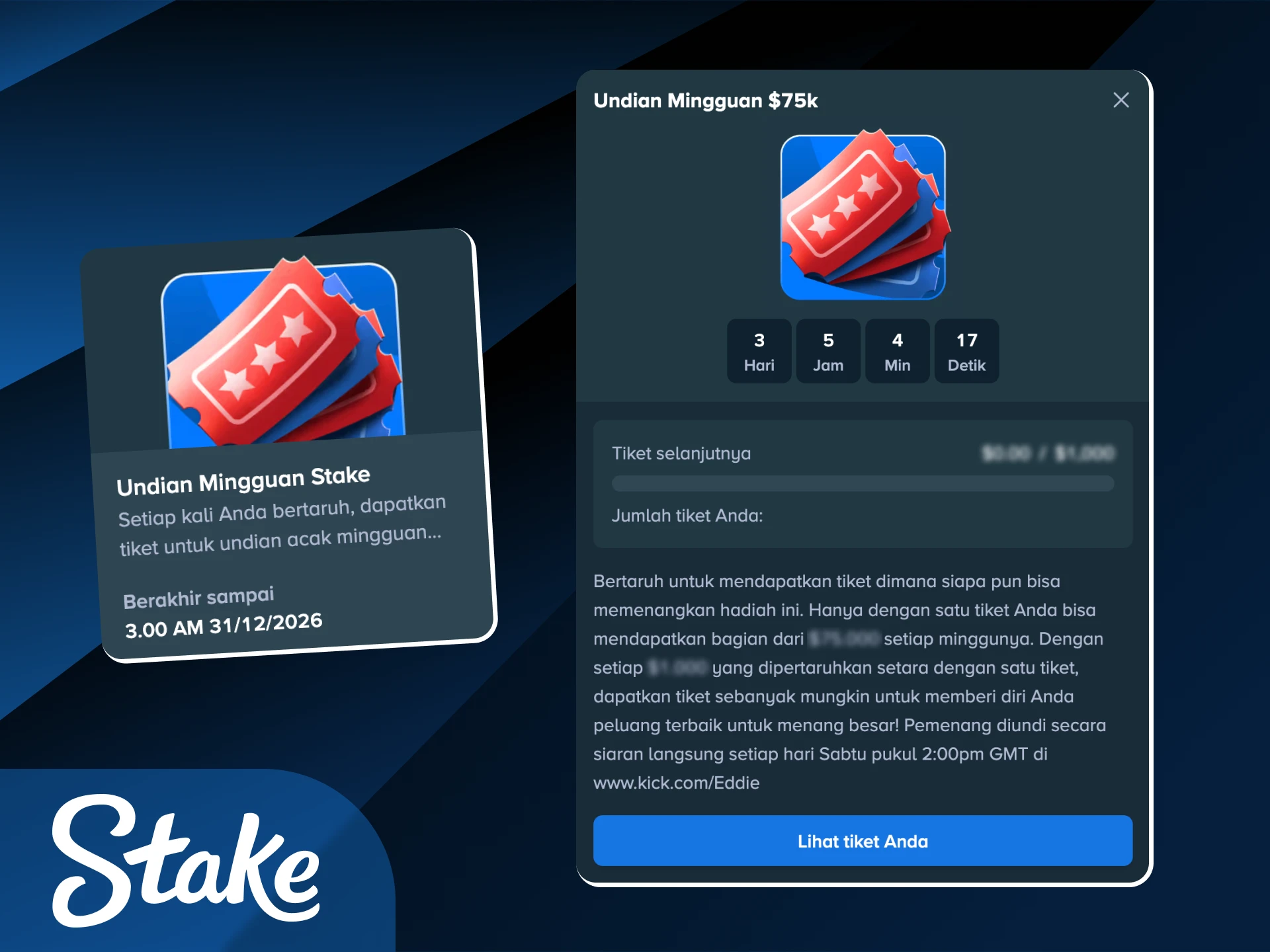 Segera beli tiket lotre kasino dan menangkan undian di Stake Indonesia.