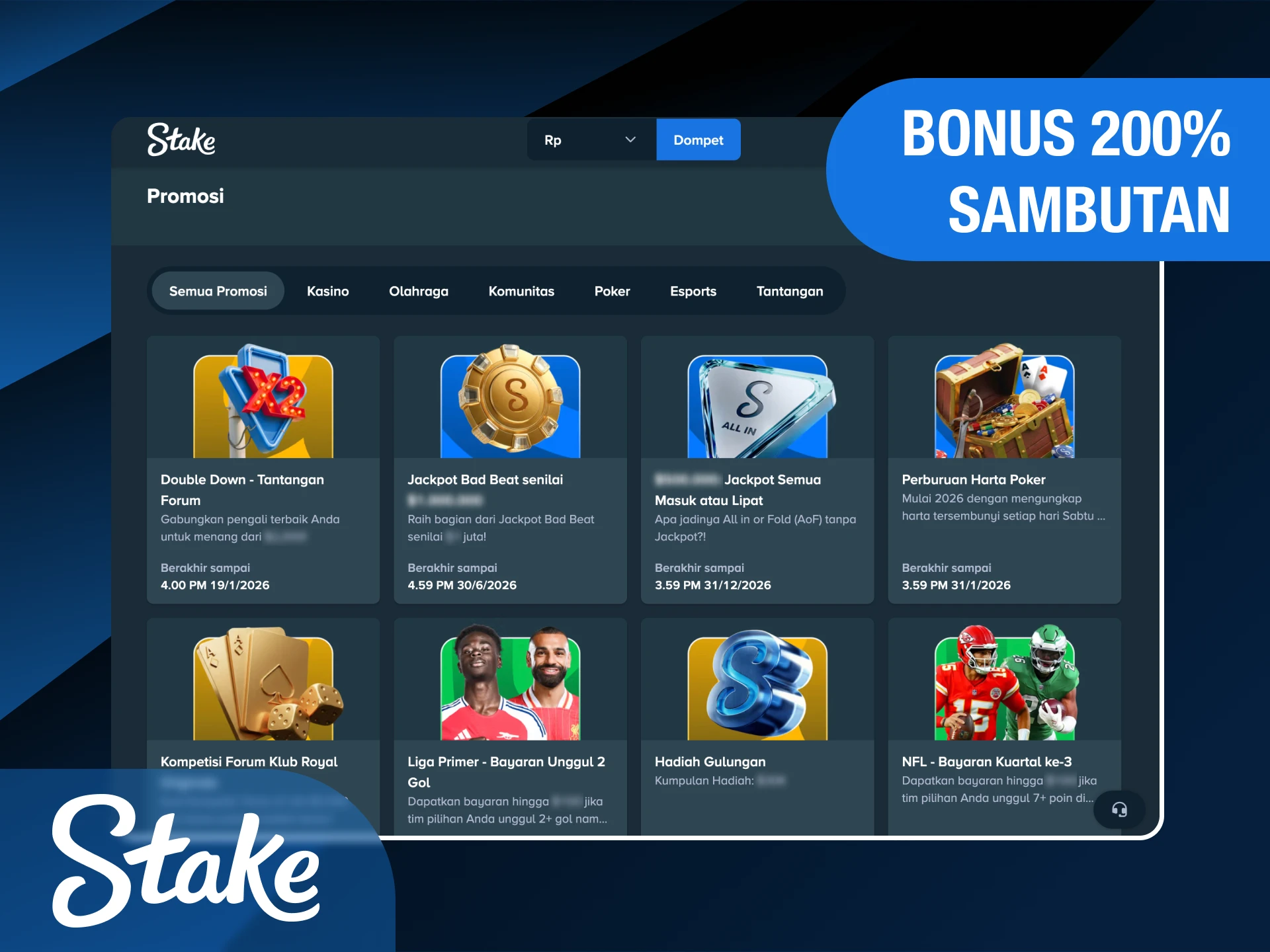 Dapatkan bonus sambutan sebesar 200% sebagai pengguna baru di Stake Indonesia.
