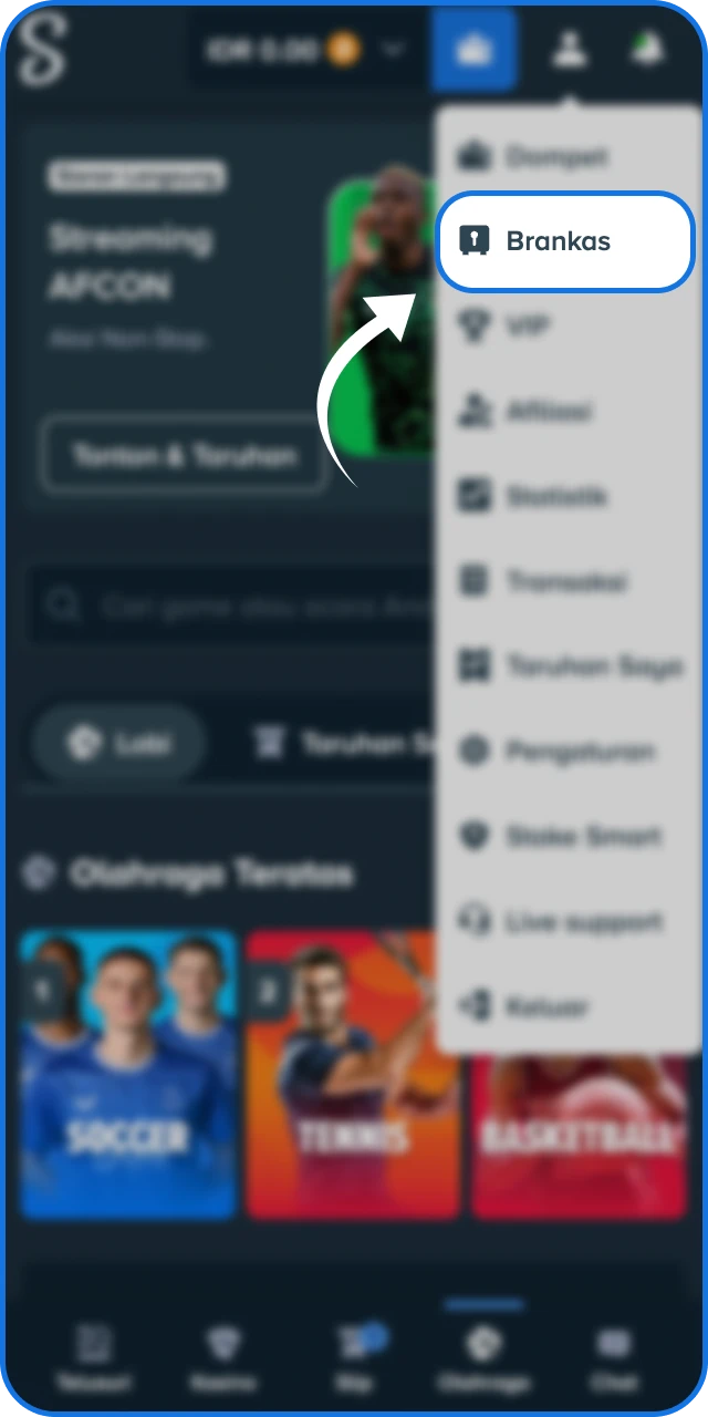 Akses menu dompet lalu pilih opsi deposit pada platform Stake Indonesia.