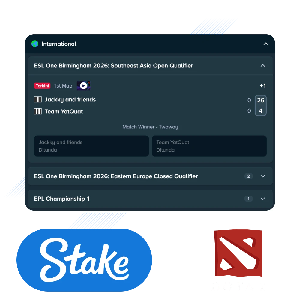 Nikmati pengalaman taruhan Dota 2 untuk pemain Indonesia di Stake dengan pasaran terlengkap dan odds kompetitif.