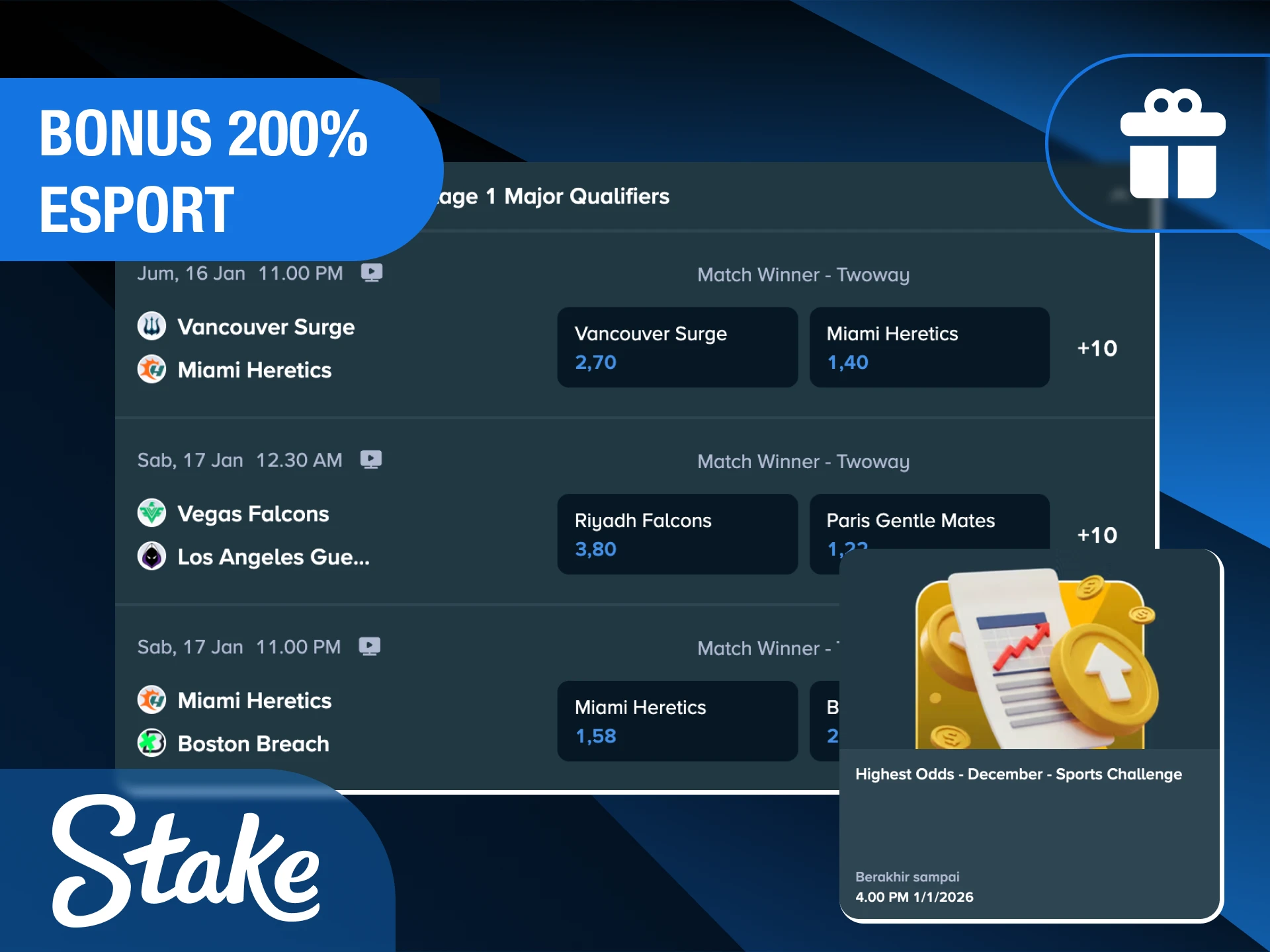 Klaim bonus sambutan 200% khusus bagi penggemar baru Esports di Stake Indonesia.