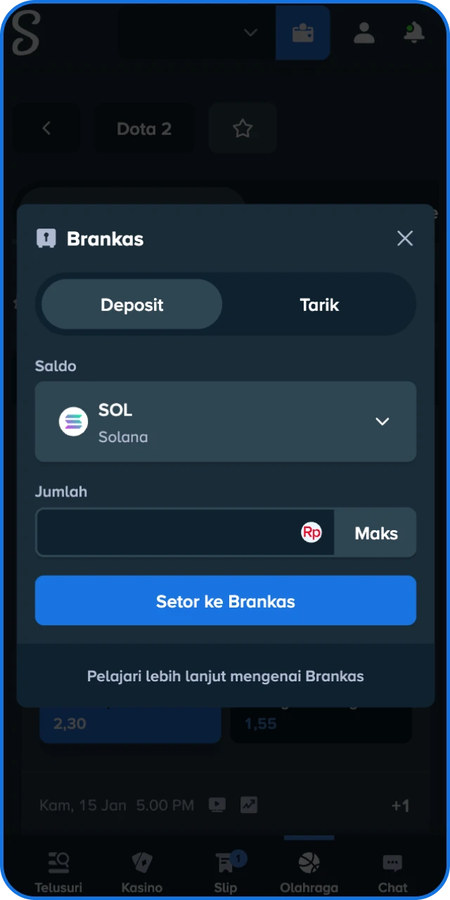 Lakukan deposit saldo agar Anda siap memasang prediksi tim Esports di Stake Indonesia.