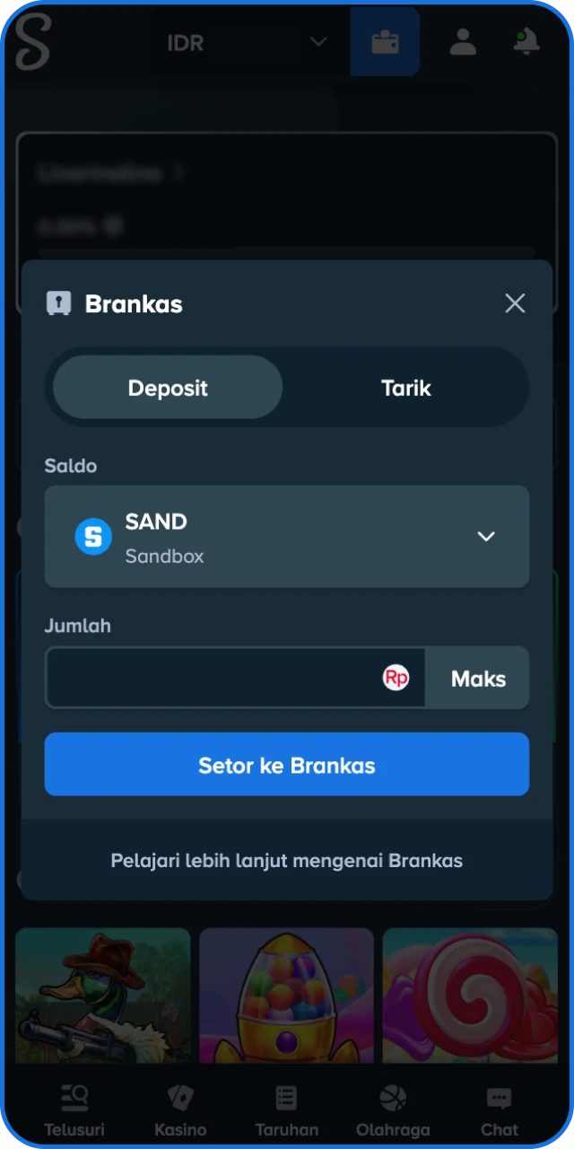 Lakukan deposit, pilih koin seperti BTC, ETH, USDT, LTC, atau kartu bank via MoonPay di Stake Indonesia.