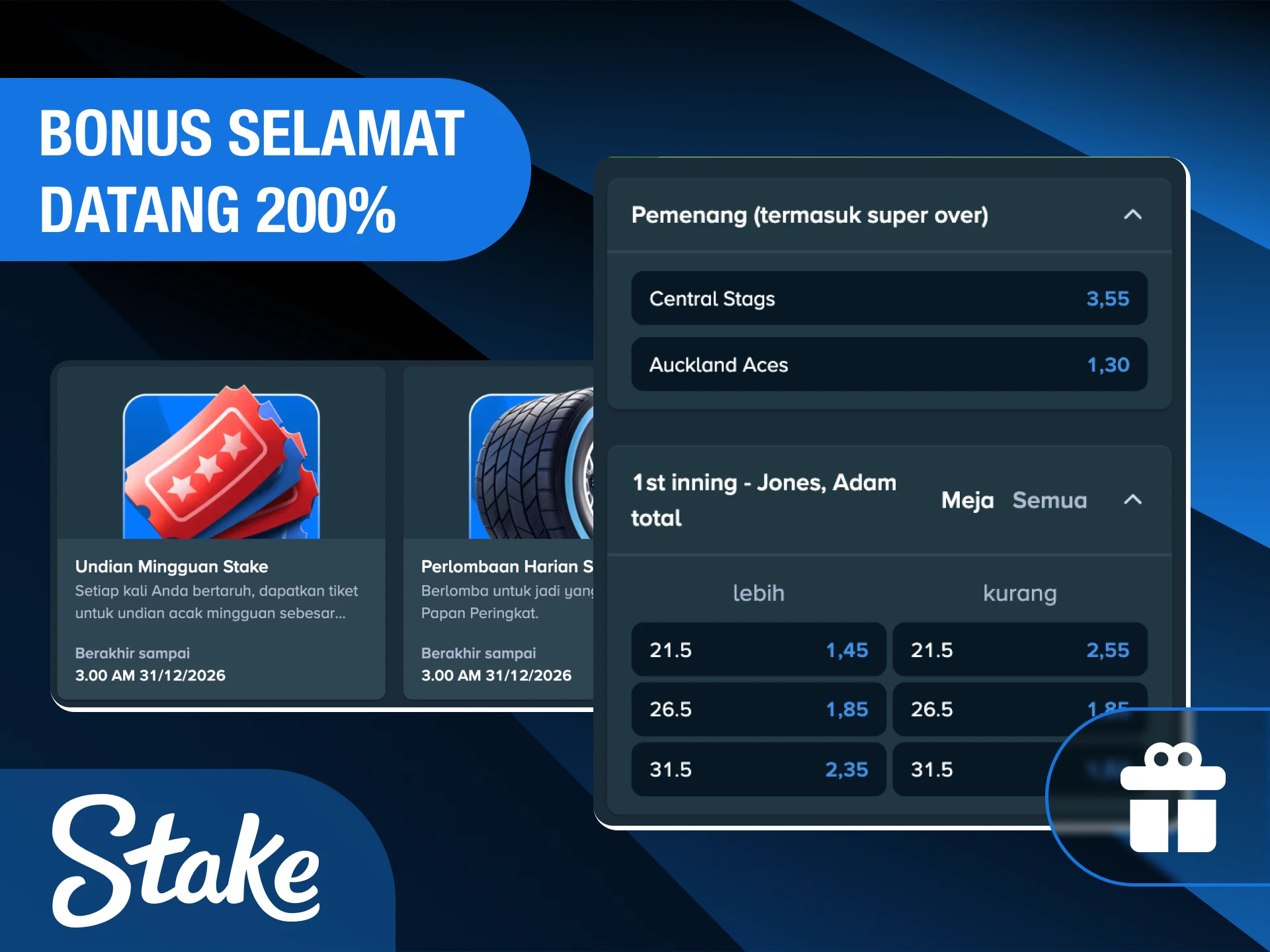 Klaim bonus selamat datang sebesar 200% untuk modal bertaruh kriket di Stake Indonesia.