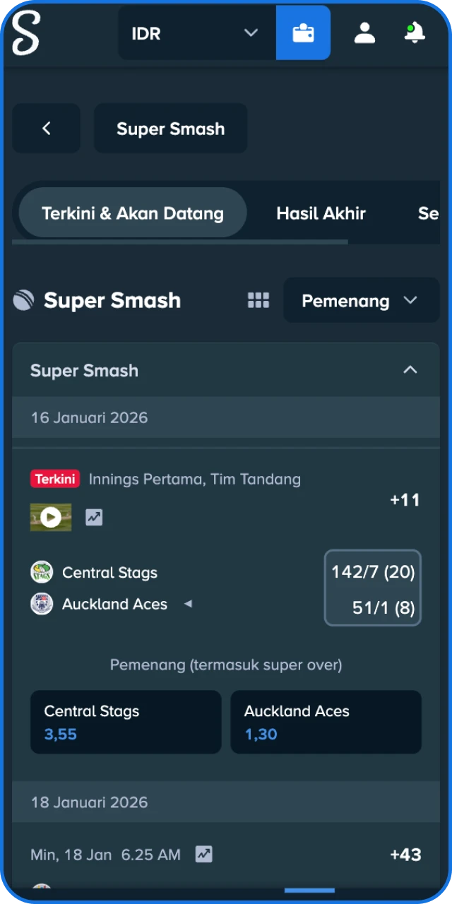 Pasang taruhan Anda sekarang dan nikmati keseruan pertandingan kriket bersama Stake Indonesia.