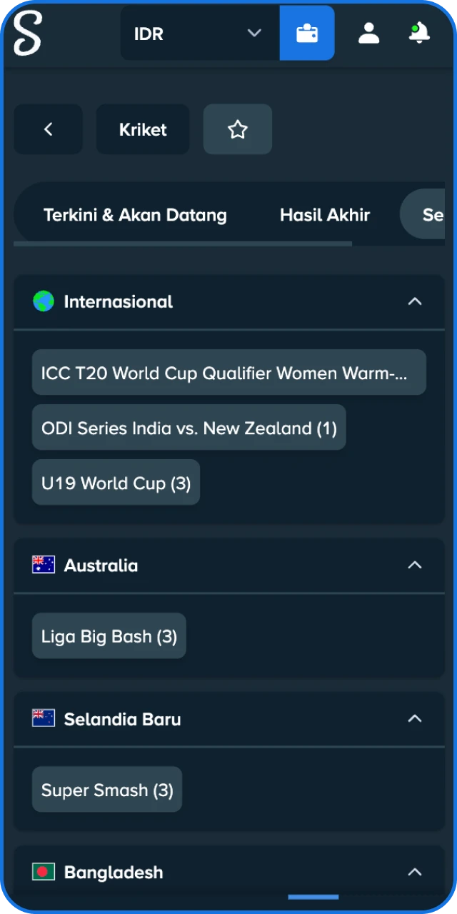 Pilih liga dan pertandingan kriket favorit Anda yang tersedia dalam menu Stake Indonesia.