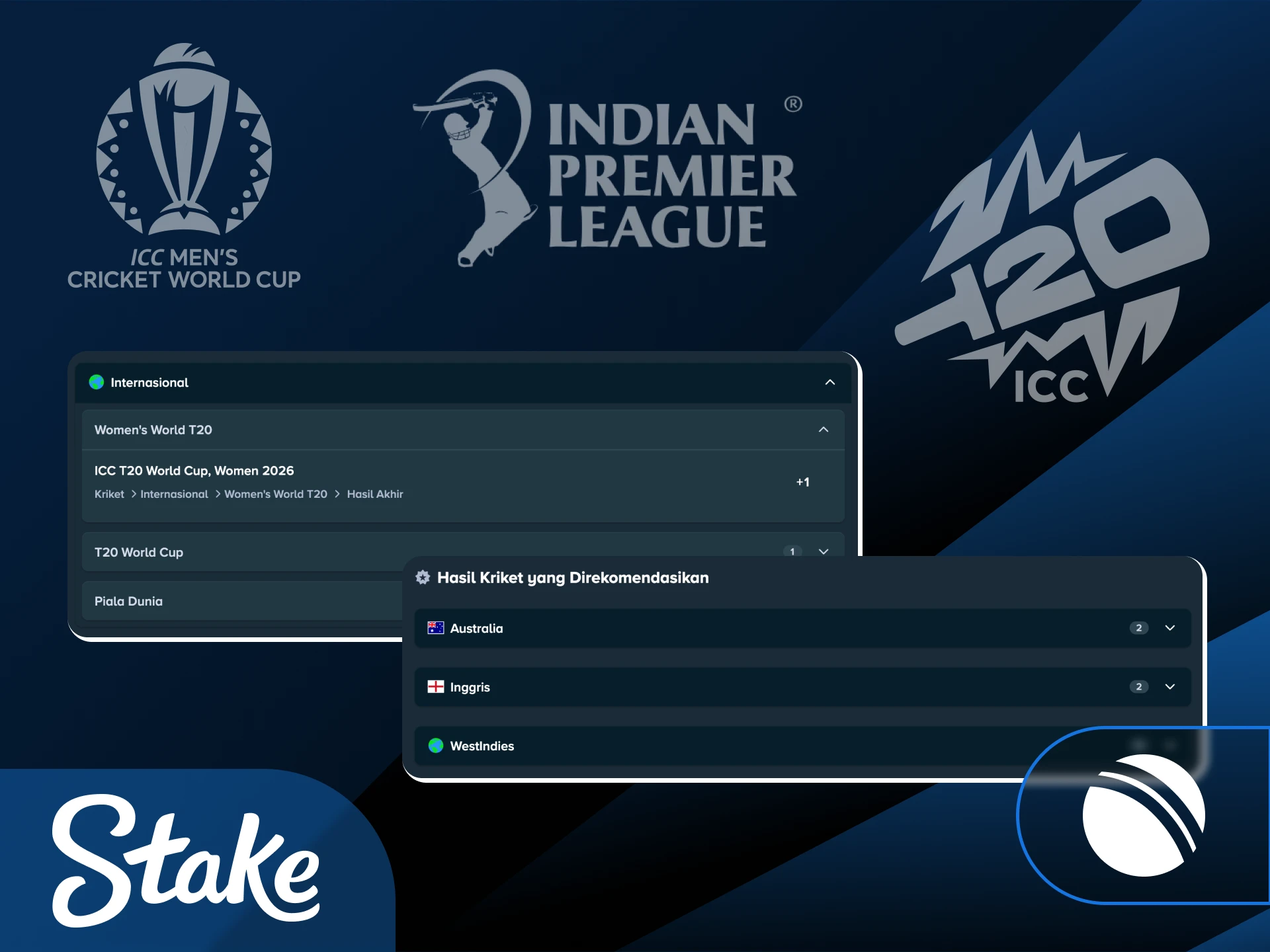 Pasang prediksi Anda pada berbagai turnamen dan liga kriket populer dunia di Stake Indonesia.