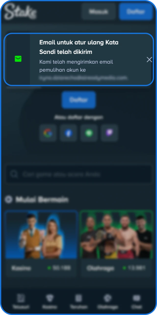 Periksa dan buka email Anda untuk menerima instruksi dari Stake Indonesia.
