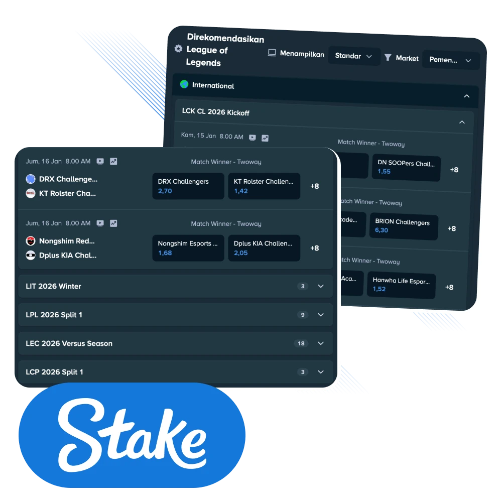 Pasang taruhan League of Legends di Stake untuk pemain Indonesia dan nikmati akses ke turnamen global paling bergengsi.