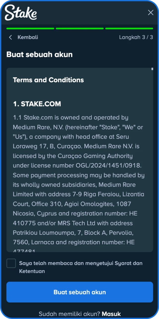 Setujui syarat dan kebijakan privasi yang berlaku bagi member baru Stake Indonesia.