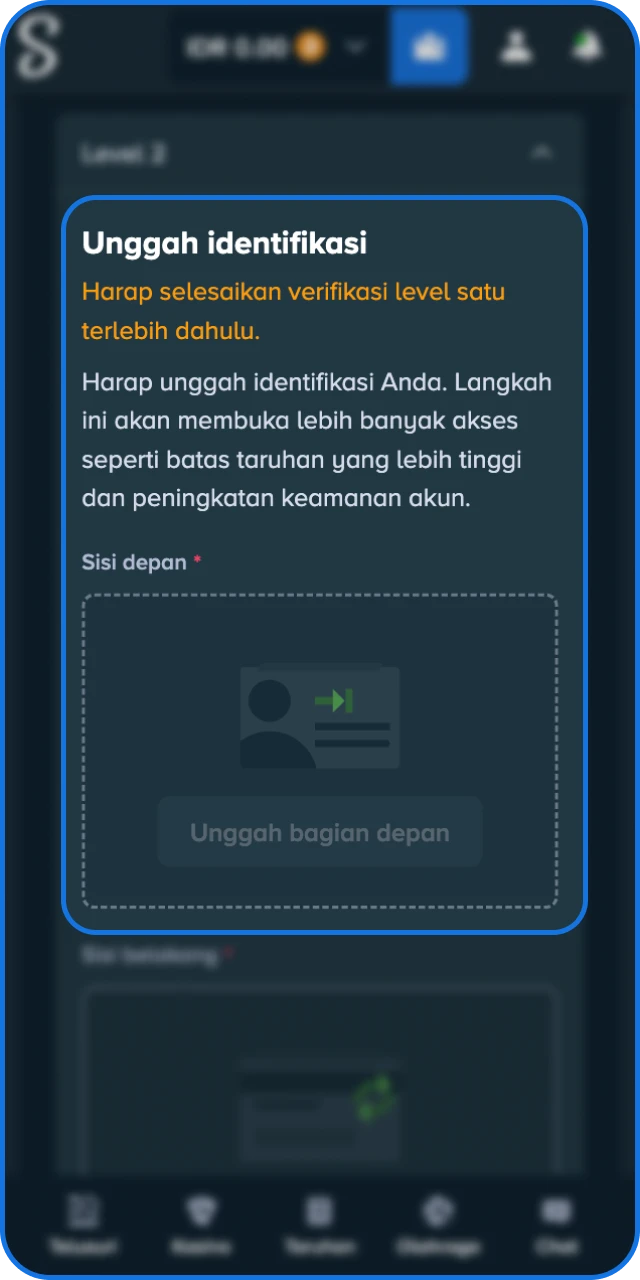 Unggah dokumen identitas resmi Anda untuk proses validasi akun Stake Indonesia.