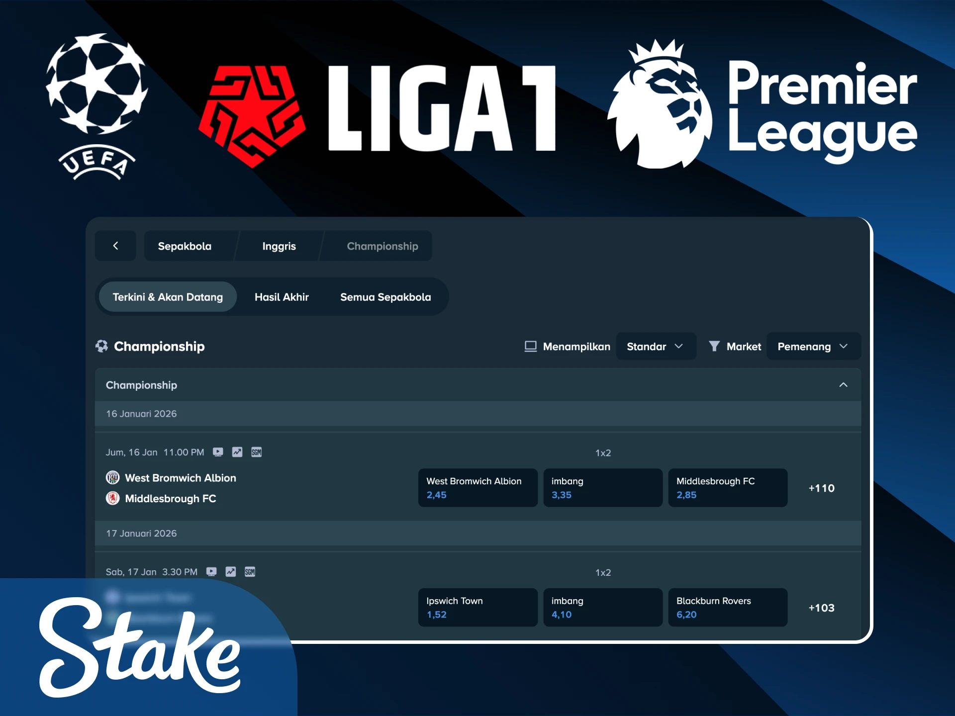 Pasang prediksi Anda pada berbagai turnamen dan liga sepak bola populer di Indonesia melalui Stake.