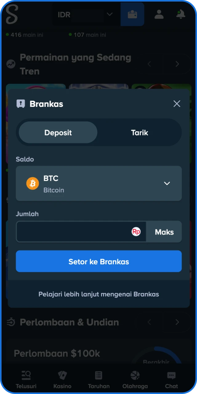 Lakukan deposit kripto untuk mengisi saldo permainan Anda secara instan dan aman di Stake Indonesia.