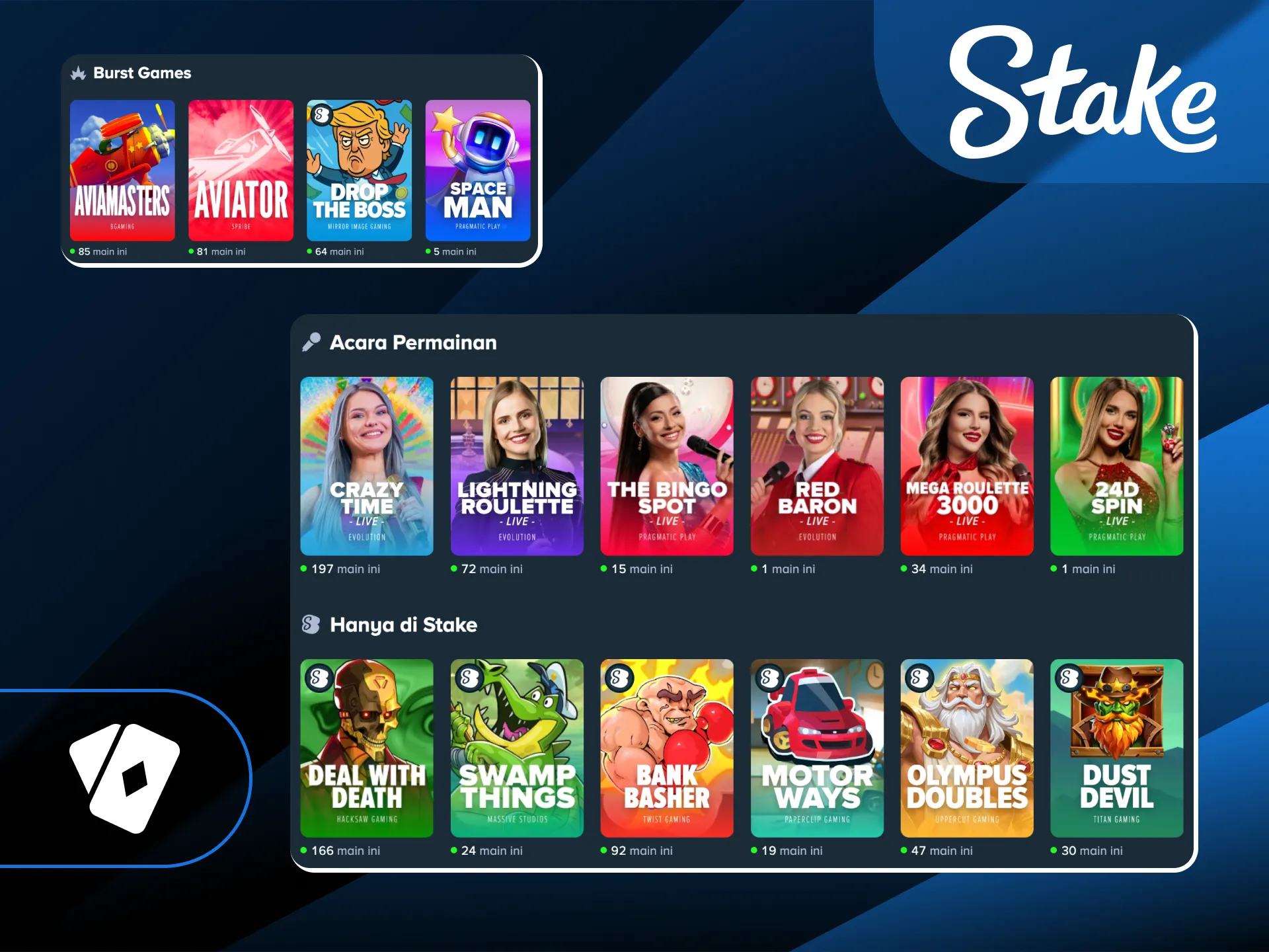 Nikmati ribuan pilihan permainan favorit di kasino online yang telah dikurasi oleh tim Stake Indonesia.