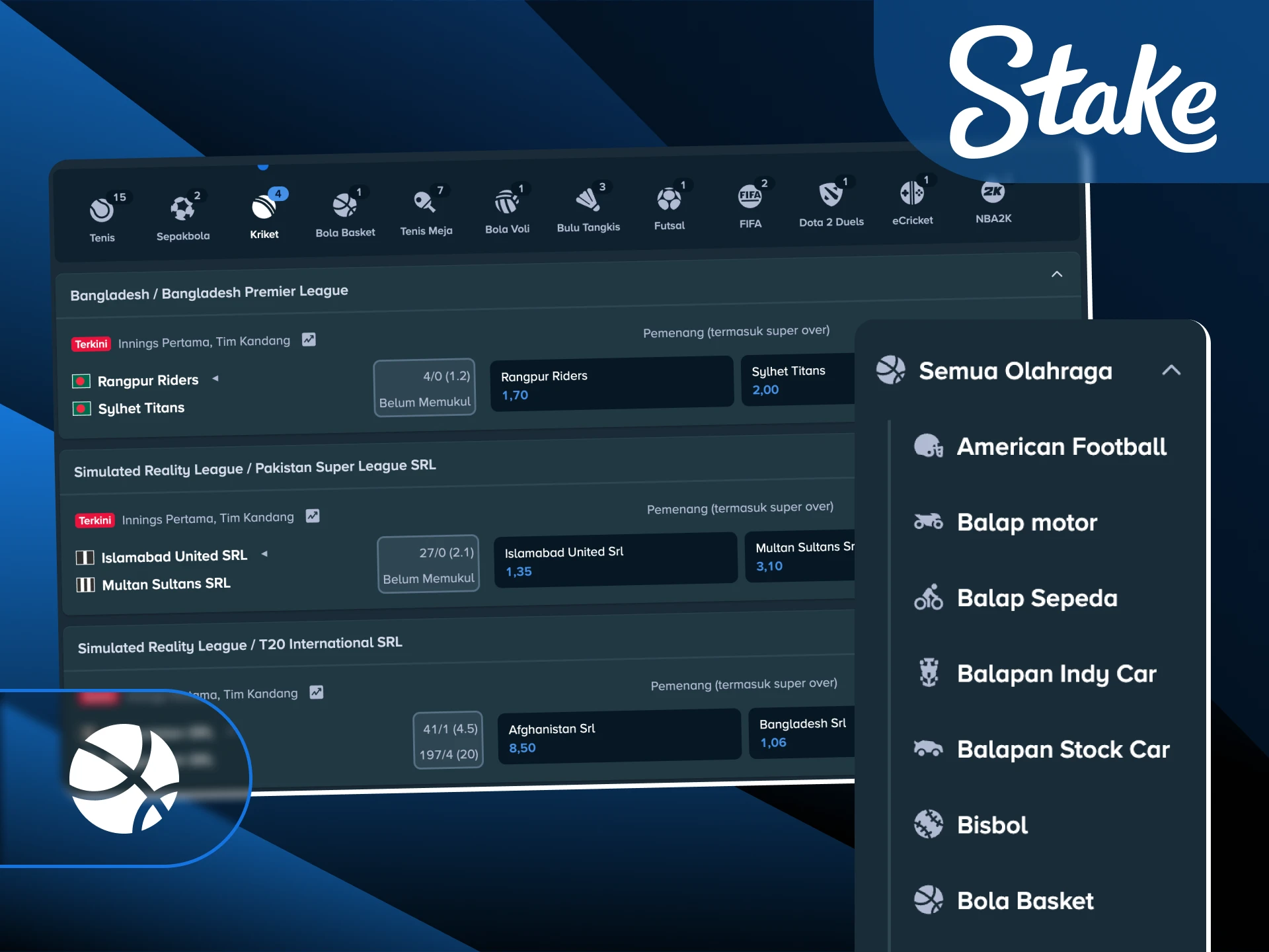 Jelajahi cakupan taruhan olahraga dan cabang populer yang tersedia bagi seluruh member Stake Indonesia.