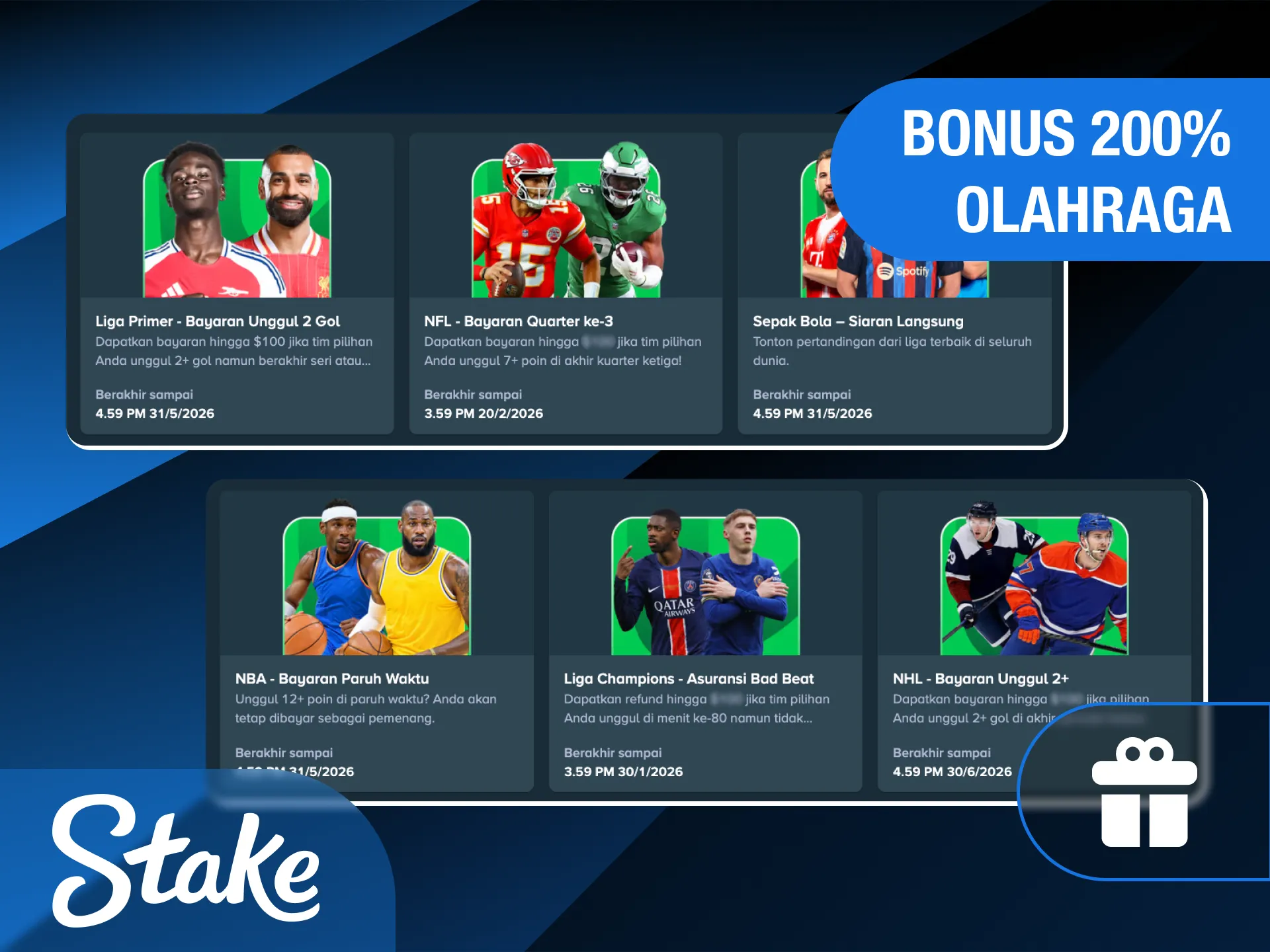 Pasang taruhan pada berbagai cabang olahraga dengan bonus di Stake Indonesia.