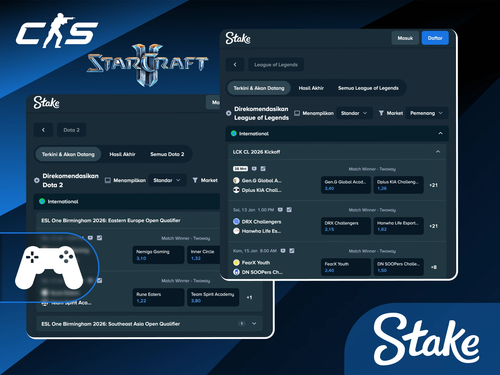 Jelajahi dunia taruhan eSports yang penuh aksi hanya di Stake Indonesia.