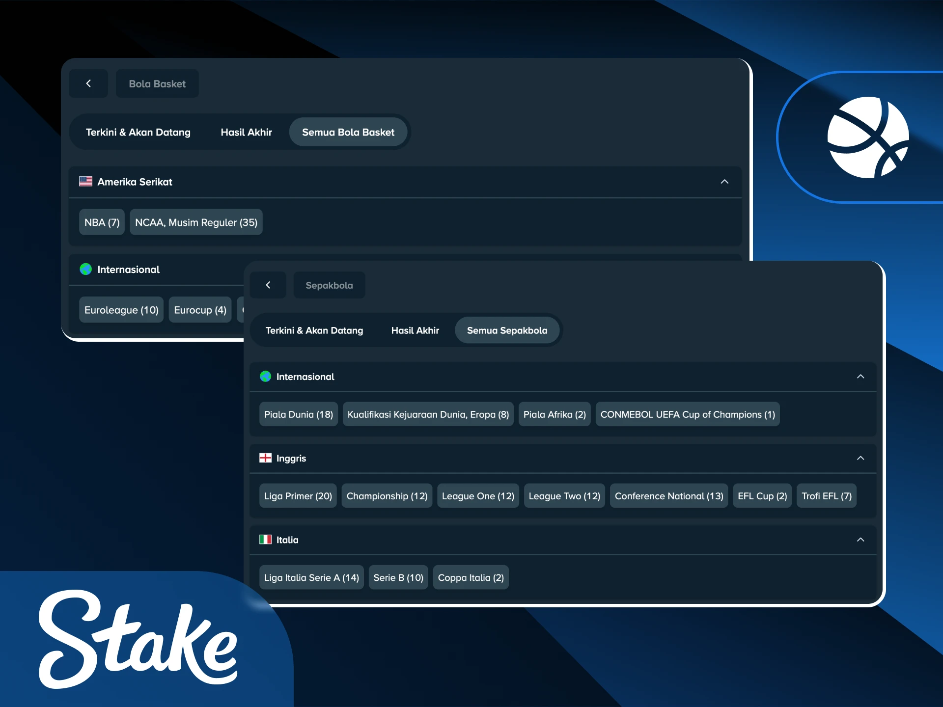 Pilih opsi taruhan olahraga paling populer yang tersedia di Stake Indonesia.