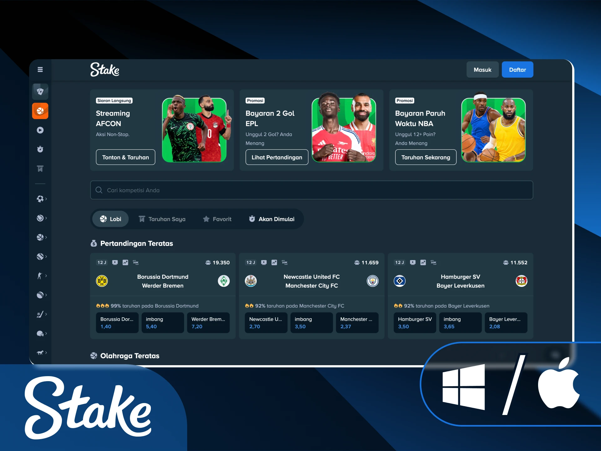 Instal klien PC Stake Indonesia pada Windows atau macOS untuk performa terbaik.