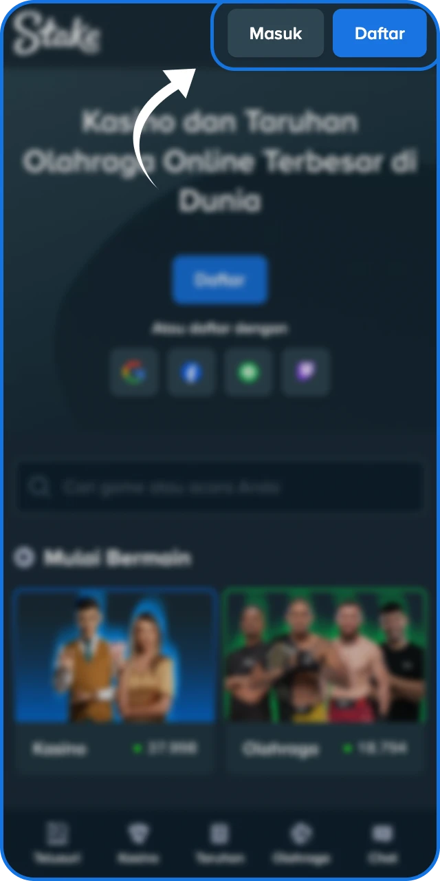 Klik tombol daftar atau masuk untuk memulai langkah taruhan di Stake Indonesia.